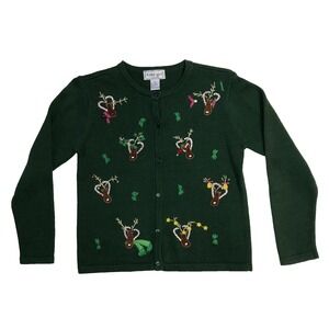 Kobe Girl Cardigan‎ Sweater Size Large 14 Green Reindeer Holiday Christmas Ugly